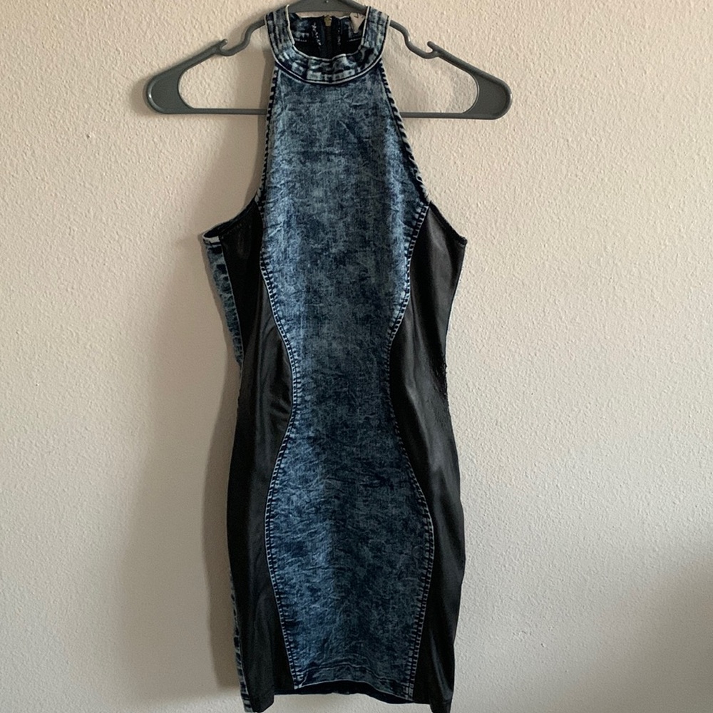 Woman’s Halter Denim Dress w/ faux leather sides